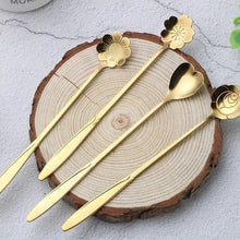 Golden Finished Floral Spoon Set of 4 with Sunflower, Rose , Lily and Daisy Design